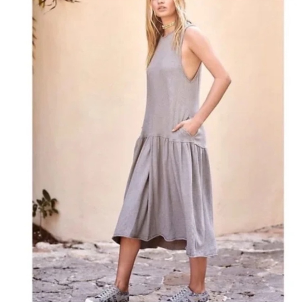 Free People Beach Sleeveless Midi Dress Pleated XL Heather Gray Rolled Hem